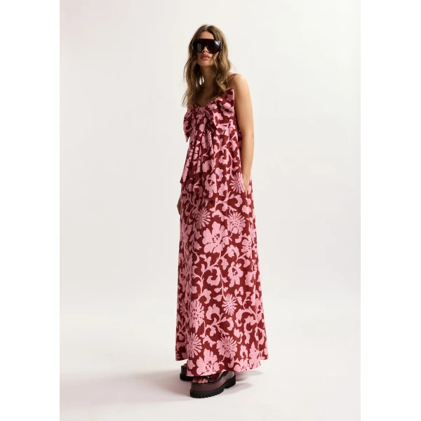 Essentiel Antwerp Pink And Dark Red Floral Print Babydoll Midi Dress With Bow Detail - Essentiel Antwerp Dresses - Colorful Belgian Design - Shop at Luxury Shoes 