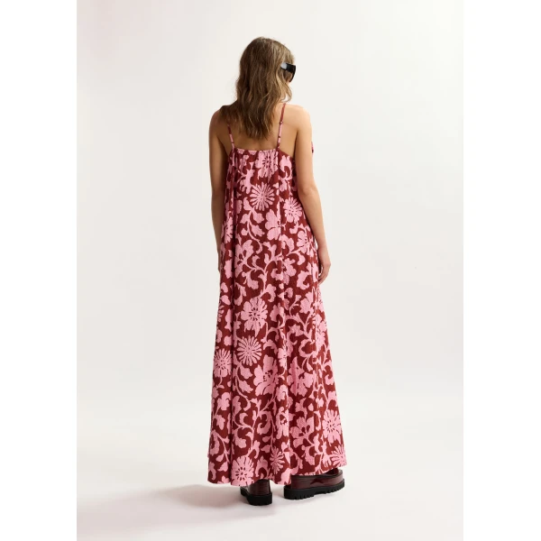 Essentiel Antwerp Pink And Dark Red Floral Print Babydoll Midi Dress With Bow Detail - Essentiel Antwerp Dresses - Colorful Belgian Design - Shop at Luxury Shoes 
