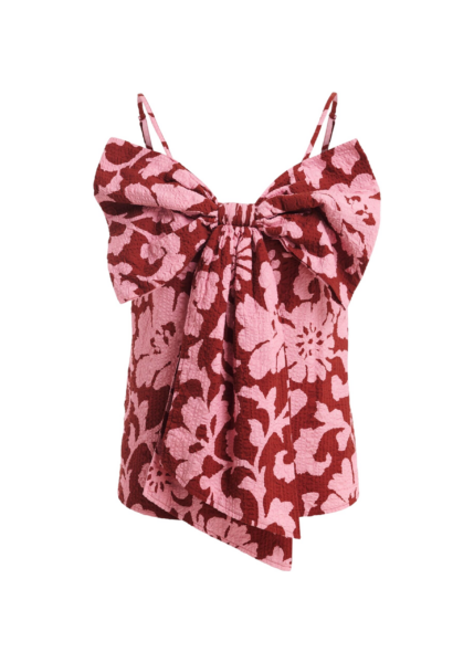 Essentiel Antwerp Pink And Dark Red Floral Print Cotton Top With Bow Detail - Essentiel Antwerp Tops - Colorful Belgian Design - Shop at Luxury Shoes 