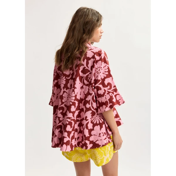 Essentiel Antwerp Pink And Dark Red Peplum Cotton Shirt With Contrasting Collar - Essentiel Antwerp Tops - Colorful Belgian Design - Shop at Luxury Shoes 