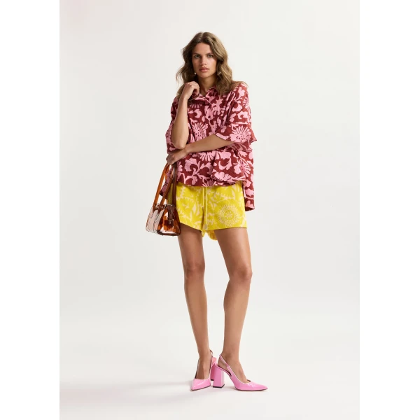 Essentiel Antwerp Pink And Dark Red Peplum Cotton Shirt With Contrasting Collar - Essentiel Antwerp Tops - Colorful Belgian Design - Shop at Luxury Shoes 