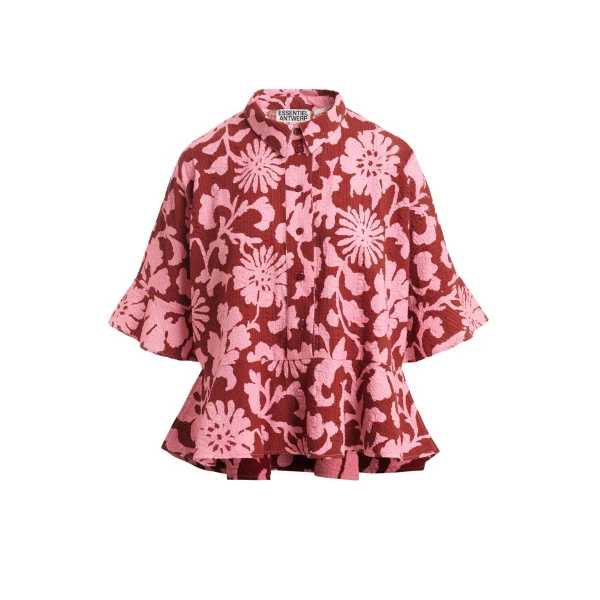 Essentiel Antwerp Pink And Dark Red Peplum Cotton Shirt With Contrasting Collar - Essentiel Antwerp Tops - Colorful Belgian Design - Shop at Luxury Shoes 