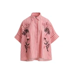 Essentiel Antwerp Pink And Red Oversized Cotton Shirt With Floral Appliqué Embroidery And Bead Embellishments - Essentiel Antwerp Tops - Colorful Belgian Design - Shop at Luxury Shoes 