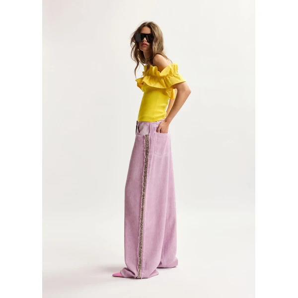 Essentiel Antwerp Purple High-Rise Wide-Leg Jeans With Embellished Side Trims - Essentiel Antwerp Pants - Colorful Belgian Design - Shop at Luxury Shoes 