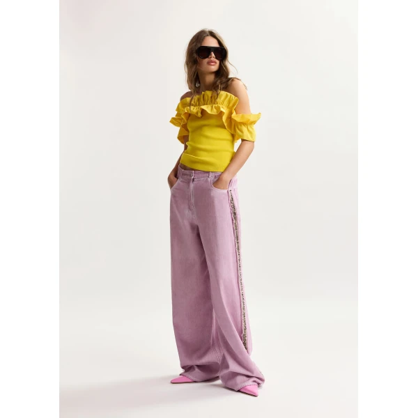 Essentiel Antwerp Purple High-Rise Wide-Leg Jeans With Embellished Side Trims - Essentiel Antwerp Pants - Colorful Belgian Design - Shop at Luxury Shoes 
