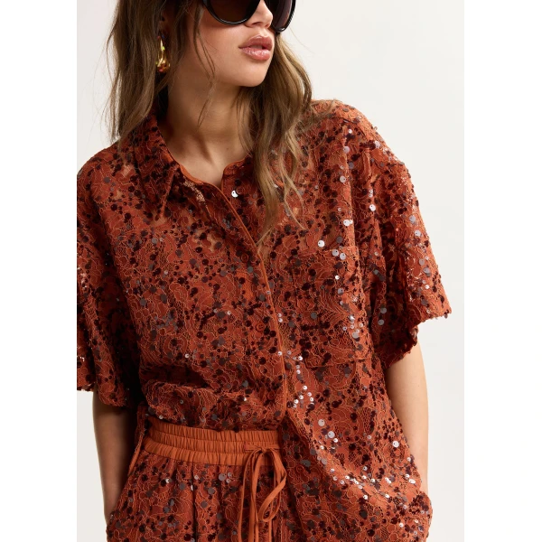 Essentiel Antwerp Rust Sequin-Embellished Short-Sleeve Shirt - Essentiel Antwerp Shorts - Colorful Belgian Design - Shop at Luxury Shoes 