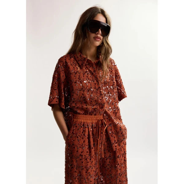 Essentiel Antwerp Rust Sequin-Embellished Short-Sleeve Shirt - Essentiel Antwerp Shorts - Colorful Belgian Design - Shop at Luxury Shoes 