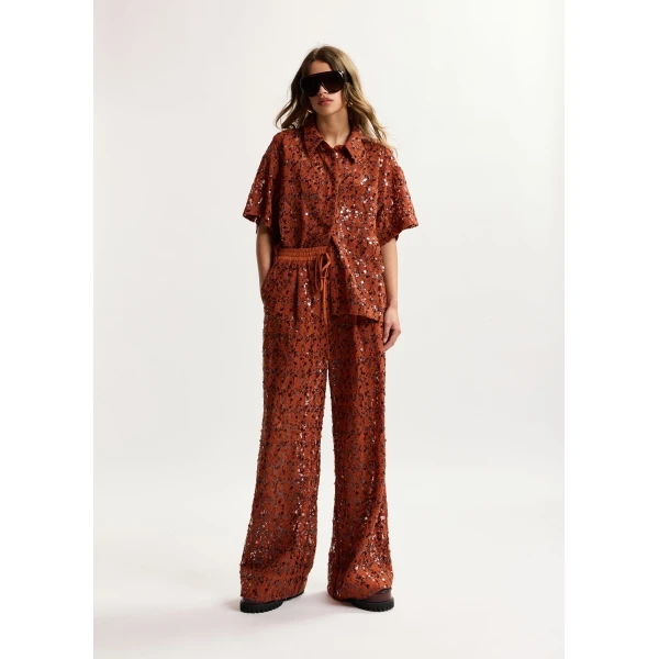 Essentiel Antwerp Rust Sequin-Embellished Short-Sleeve Shirt - Essentiel Antwerp Shorts - Colorful Belgian Design - Shop at Luxury Shoes 