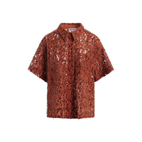 Essentiel Antwerp Rust Sequin-Embellished Short-Sleeve Shirt - Essentiel Antwerp Shorts - Colorful Belgian Design - Shop at Luxury Shoes 