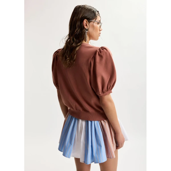 Essentiel Antwerp Terracotta Fine Knit Cardigan With Oversized Flower Brooch - Essentiel Antwerp Knitwear - Colorful Belgian Design - Shop at Luxury Shoes 