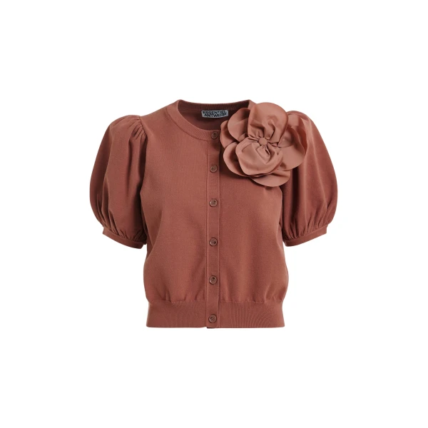 Essentiel Antwerp Terracotta Fine Knit Cardigan With Oversized Flower Brooch - Essentiel Antwerp Knitwear - Colorful Belgian Design - Shop at Luxury Shoes 