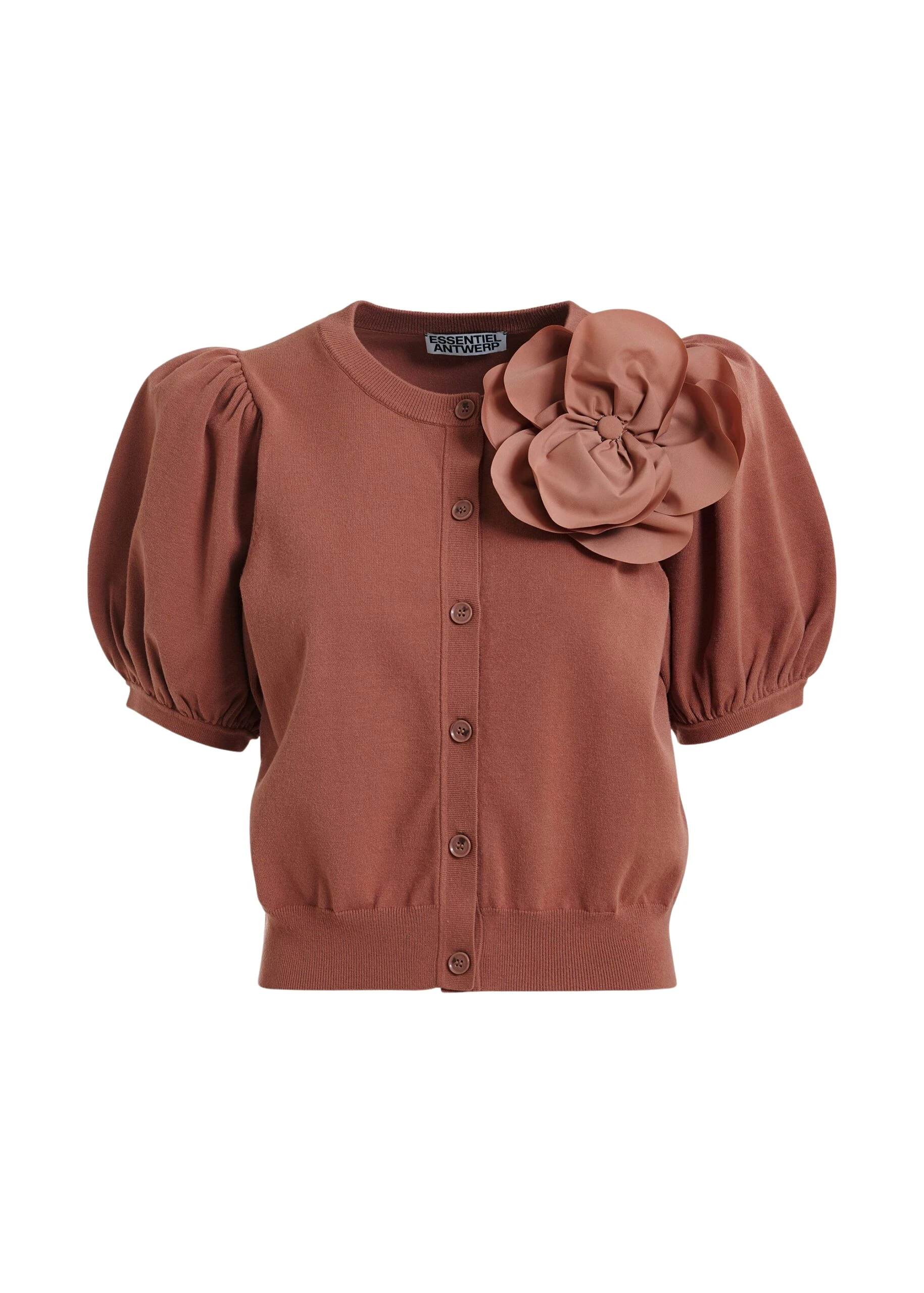 Essentiel-Antwerp-Terracotta-Fine-Knit-Cardigan-With-Oversized-Flower-Brooch-scaled84335_nobg Essentiel Antwerp Terracotta Fine Knit Cardigan With Oversized Flower Brooch - Essentiel Antwerp Knitwear - Colorful Belgian Design - Shop at Luxury Shoes