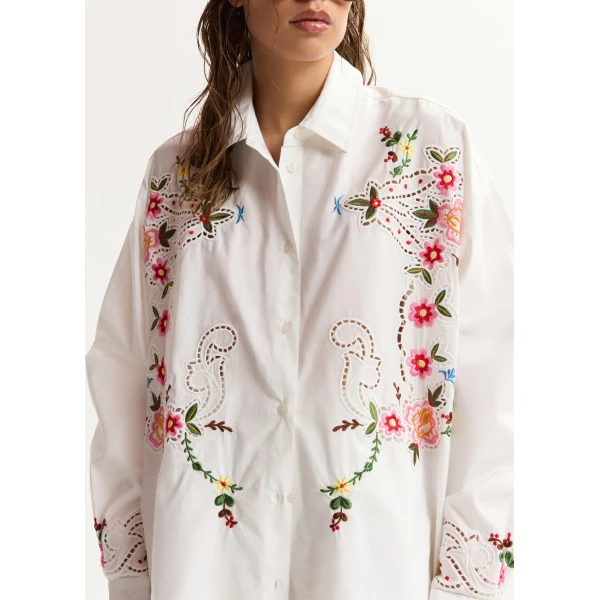 Essentiel Antwerp White And Multicolor Floral Embroidered Oversized Cotton Shirt - Essentiel Antwerp Tops - Colorful Belgian Design - Shop at Luxury Shoes 
