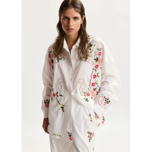 Essentiel Antwerp White And Multicolor Floral Embroidered Oversized Cotton Shirt - Essentiel Antwerp Tops - Colorful Belgian Design - Shop at Luxury Shoes 
