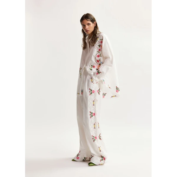 Essentiel Antwerp White And Multicolor Floral Embroidered Oversized Cotton Shirt - Essentiel Antwerp Tops - Colorful Belgian Design - Shop at Luxury Shoes 