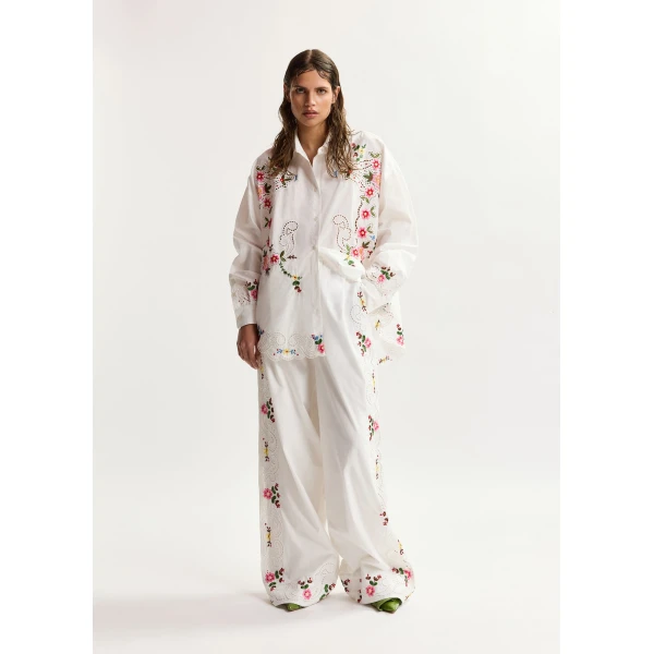Essentiel Antwerp White And Multicolor Floral Embroidered Wide-Leg Cotton Trousers - Essentiel Antwerp Pants - Colorful Belgian Design - Shop at Luxury Shoes 