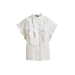Essentiel Antwerp White Broderie Anglaise Cotton Blouse With Ruffled Trims - Essentiel Antwerp Tops - Colorful Belgian Design - Shop at Luxury Shoes 