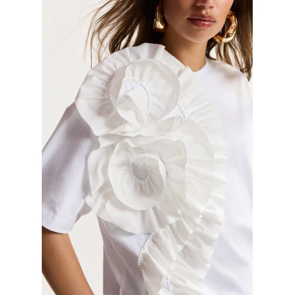 Essentiel Antwerp White Cotton T-Shirt With Oversized Floral Ruffle Detail - Essentiel Antwerp Tops - Colorful Belgian Design - Shop at Luxury Shoes 