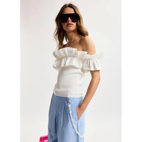 Essentiel Antwerp White Off-Shoulder Knit Top With Ruffle Trim - Essentiel Antwerp Tops - Colorful Belgian Design - Shop at Luxury Shoes 