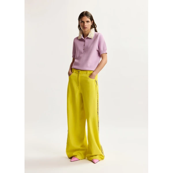 Essentiel Antwerp Yellow High-Rise Wide-Leg Jeans With Embellished Side Trims - Essentiel Antwerp Pants - Colorful Belgian Design - Shop at Luxury Shoes 