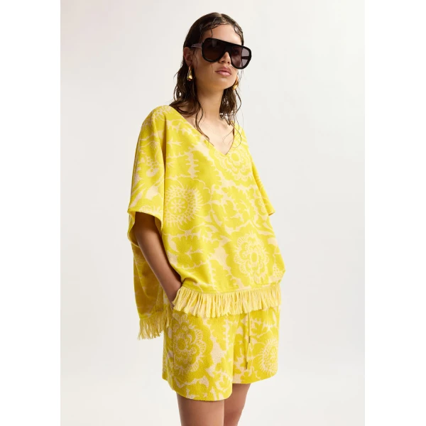 Essentiel Antwerp Yellow Textured Floral Jacquard Cotton-Blend Top With Fringed Trims - Essentiel Antwerp Tops - Colorful Belgian Design - Shop at Luxury Shoes 