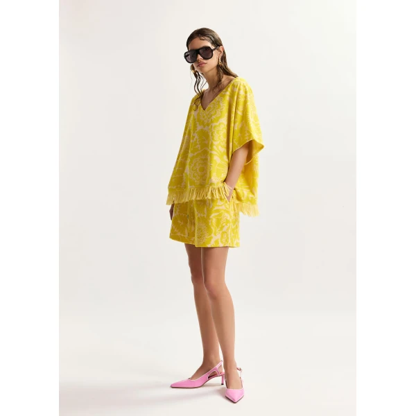 Essentiel Antwerp Yellow Textured Floral Jacquard Cotton-Blend Top With Fringed Trims - Essentiel Antwerp Tops - Colorful Belgian Design - Shop at Luxury Shoes 