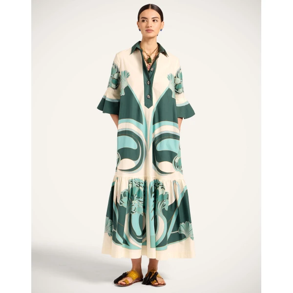 La DoubleJ Artemis Dress Blooming Tulip Placée Dark Green in Cotton Poplin - Dresses - Milanese Maximalist Fashion at Luxury Shoes 