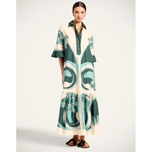 La DoubleJ Artemis Dress Blooming Tulip Placée Dark Green in Cotton Poplin - Dresses - Milanese Maximalist Fashion at Luxury Shoes 