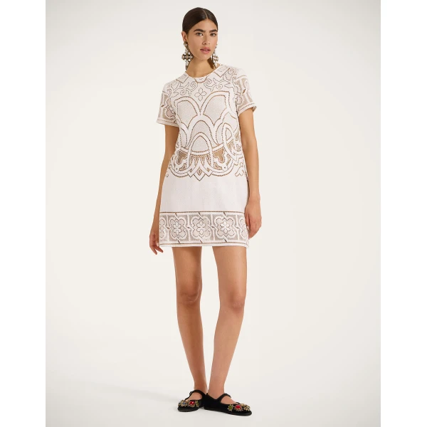 La DoubleJ Lacey Mini Swing Dress Solid White Smoke in Embroidered Cotton - Dresses - Milanese Maximalist Fashion at Luxury Shoes 