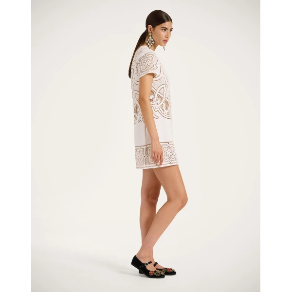 La DoubleJ Lacey Mini Swing Dress Solid White Smoke in Embroidered Cotton - Dresses - Milanese Maximalist Fashion at Luxury Shoes 