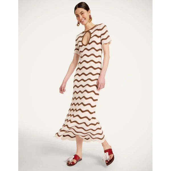 La DoubleJ Long Sleeve Swing Dress Derby Placée Multicolor in Sable - Dresses - Milanese Maximalist Fashion at Luxury Shoes 