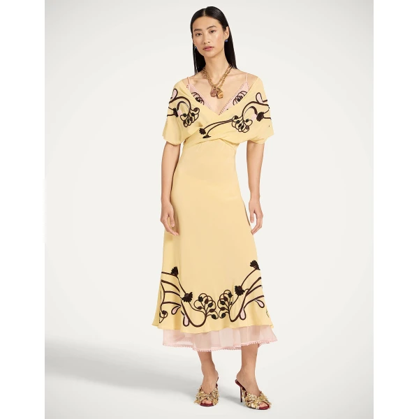 La DoubleJ Marlene Dress Honeysuckle Tricolor Placée Yellow in Crepe De Chine - Dresses - Milanese Maximalist Fashion at Luxury Shoes 