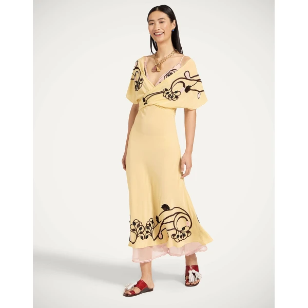 La DoubleJ Marlene Dress Honeysuckle Tricolor Placée Yellow in Crepe De Chine - Dresses - Milanese Maximalist Fashion at Luxury Shoes 