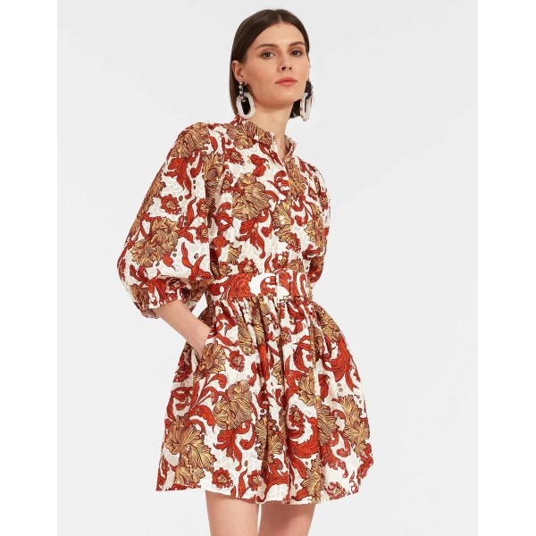 La DoubleJ Mini Swing Dress Florette Tiles Ecru in Cotton Mix Jacquard With Scallop - Dresses - Milanese Maximalist Fashion at Luxury Shoes 