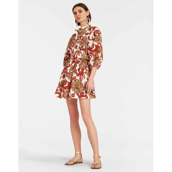 La DoubleJ Mini Swing Dress Florette Tiles Ecru in Cotton Mix Jacquard With Scallop - Dresses - Milanese Maximalist Fashion at Luxury Shoes 