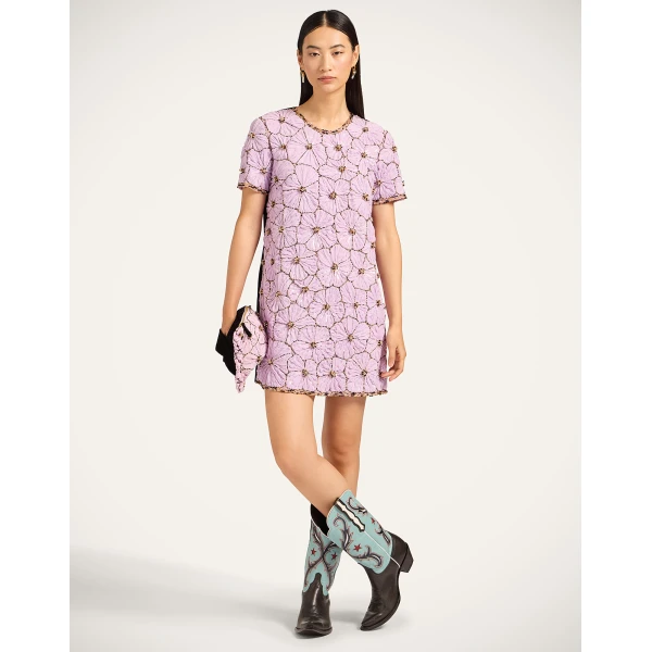 La DoubleJ Mini Swing Dress Solid Lilac in Crystal Chiffon Embroidery - Dresses - Milanese Maximalist Fashion at Luxury Shoes 