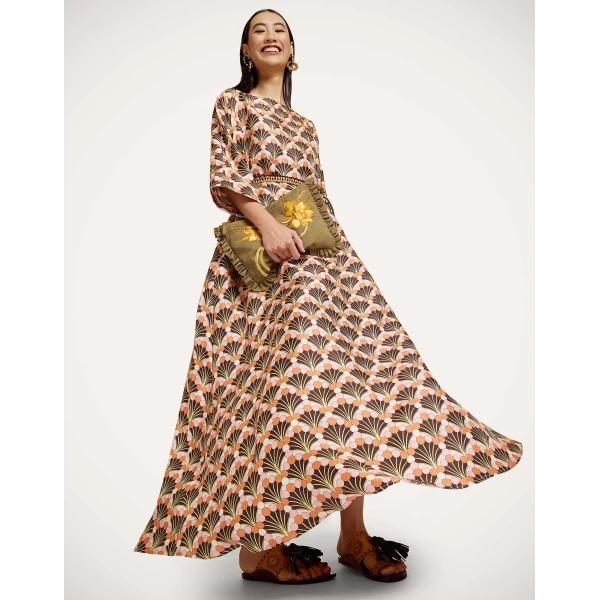 La DoubleJ Muumuu Dress Round Neck Florette Fan Brown in Silk Twill - Dresses - Milanese Maximalist Fashion at Luxury Shoes 
