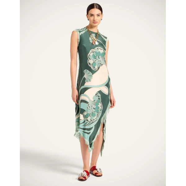 La DoubleJ Scarf Dress Blooming Tulip Placée Dark Green in Silk Voile - Dresses - Milanese Maximalist Fashion at Luxury Shoes 