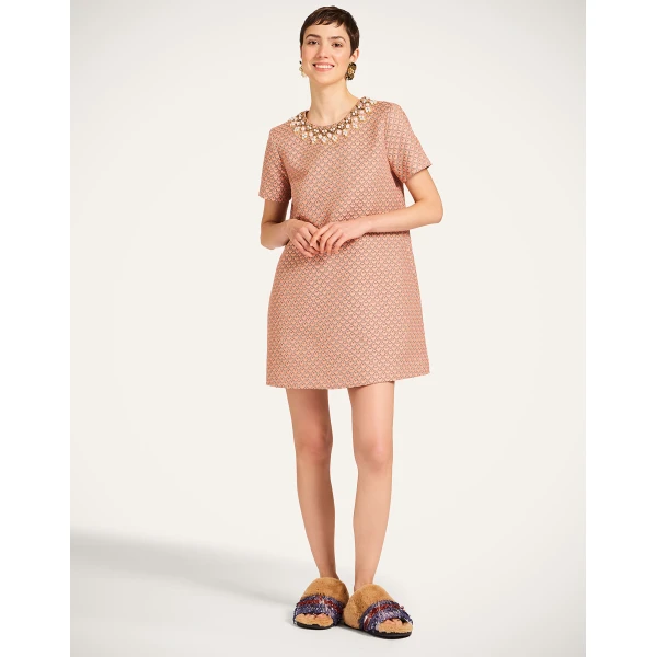 La DoubleJ Sporty Swing Dress Zooflora Burgundy in Cotton Jersey - Dresses - Milanese Maximalist Fashion at Luxury Shoes 