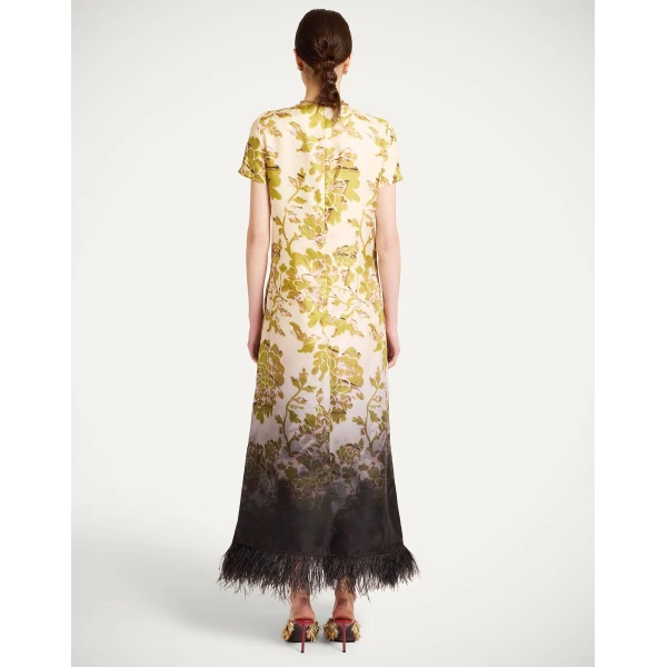 La DoubleJ Swing Dress Oasis Ombré Placée Green & Black in Silk Twill With Feathers - Dresses - Milanese Maximalist Fashion at Luxury Shoes 