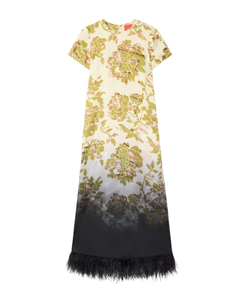 La DoubleJ Swing Dress Oasis Ombré Placée Green & Black in Silk Twill With Feathers - Dresses - Milanese Maximalist Fashion at Luxury Shoes 