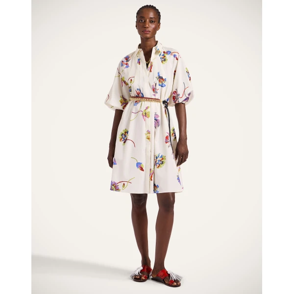 La DoubleJ Swing Dress Zooflora Placée Light Blue in Silk Twill With Feathers - Dresses - Milanese Maximalist Fashion at Luxury Shoes 