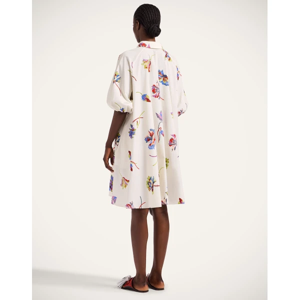 La DoubleJ Swing Dress Zooflora Placée Light Blue in Silk Twill With Feathers - Dresses - Milanese Maximalist Fashion at Luxury Shoes 
