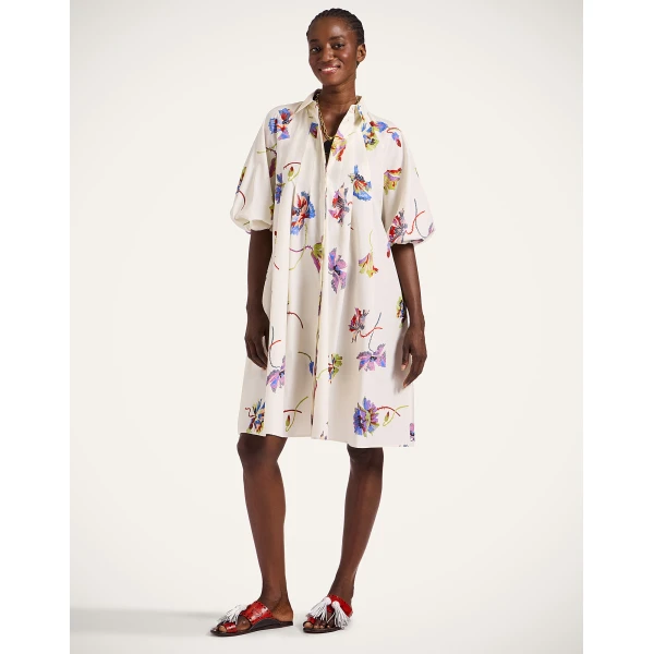 La DoubleJ Swing Dress Zooflora Placée Light Blue in Silk Twill With Feathers - Dresses - Milanese Maximalist Fashion at Luxury Shoes 
