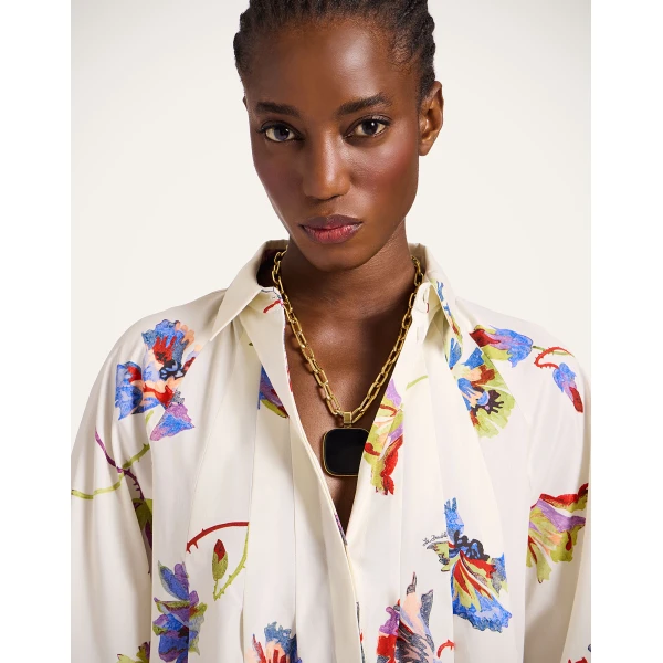 La DoubleJ Swing Dress Zooflora Placée Light Blue in Silk Twill With Feathers - Dresses - Milanese Maximalist Fashion at Luxury Shoes 