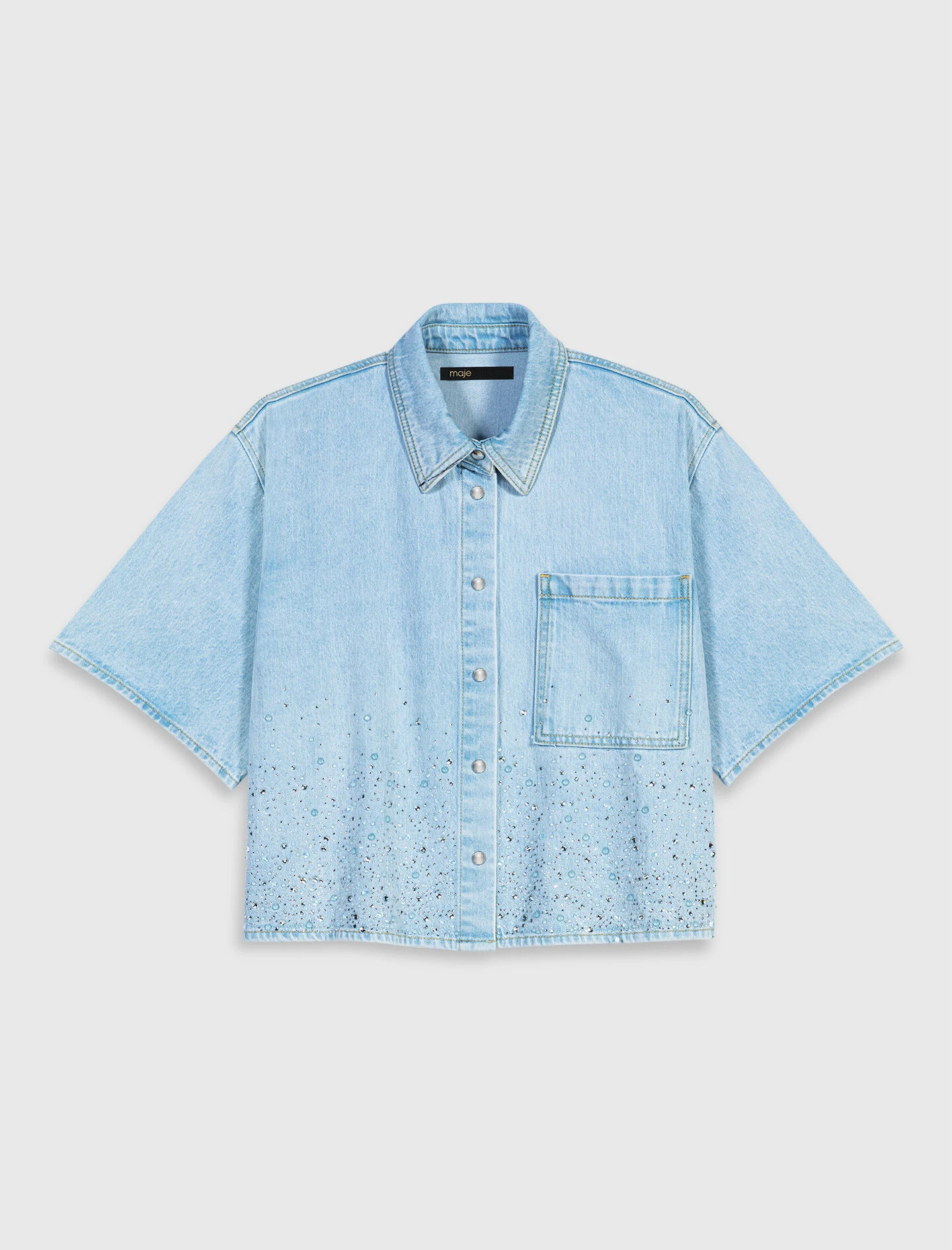 Maje Cropped Rhinestone Denim Shirt - Parisian Accessible Luxury Clothing at Luxury Shoes Maje Denim Shirt Parisian Accessible Luxury Clothing at Luxury Shoes