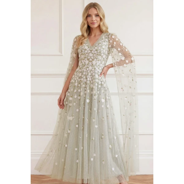 Needle & Thread Camellia Ditsy Cape Sleeve Ankle Gown - Clothing - British Luxury Evening Wear at Luxury Shoes 