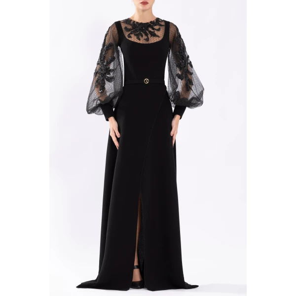Crepe Dress With Envelope Skirt And A Beaded Top And Sleeves - Image 5