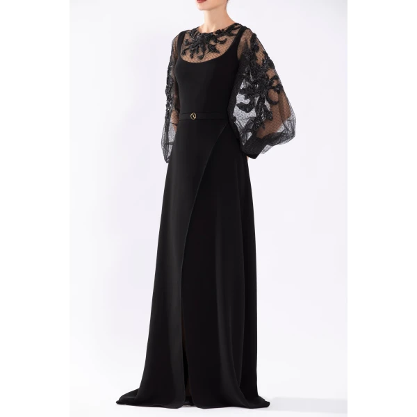 Crepe Dress With Envelope Skirt And A Beaded Top And Sleeves - Image 6