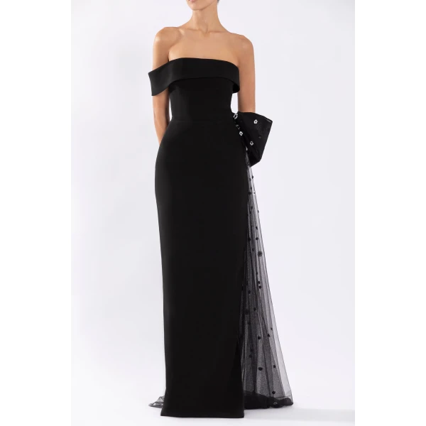 Crepe Off-Shoulder Dress With A Tulle Bow And Tail On The Back - Image 5
